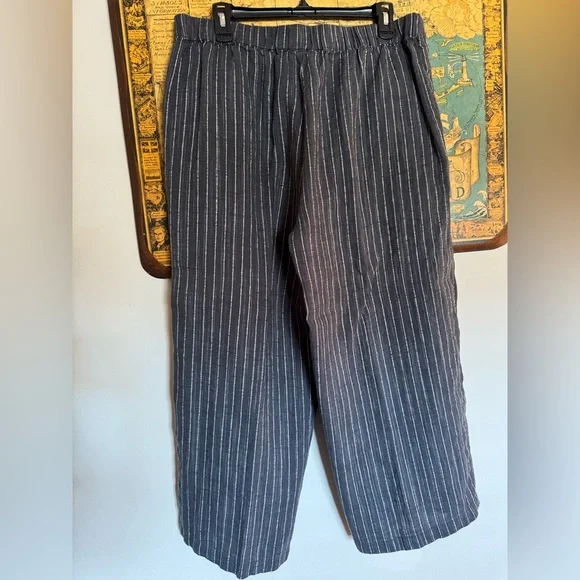 Eileen Fisher Organic Linen Pants LARGE Gray Striped Wide Leg BOHO High Rise - Picture 6 of 7